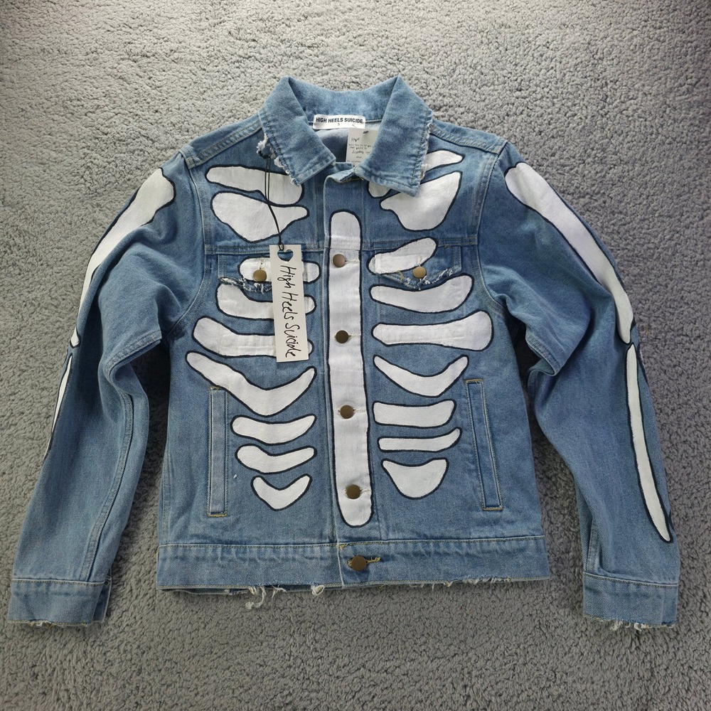 High Heels Suicide Skeleton Denim Jacket Blue Distressed Graphic Punk Womens S